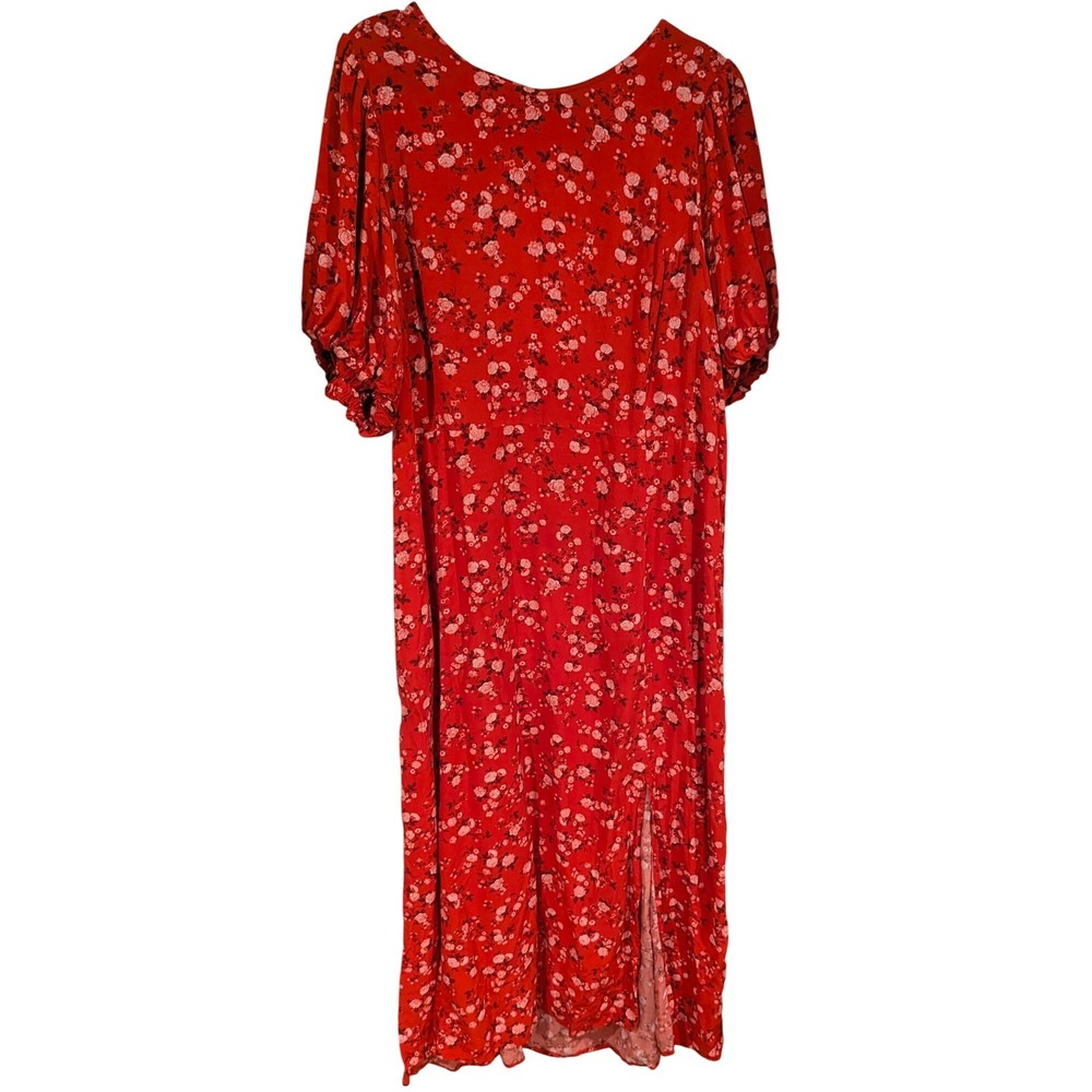 Old Navy Floral Maxi Dress XXL Red Puff Sleeve Cutout Back Smocked Slit Romantic